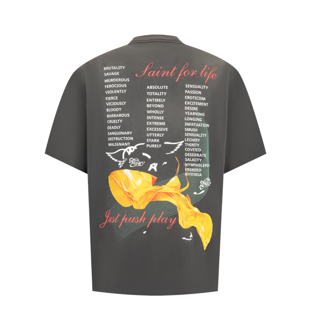 Image 2 of 2 - BLACK - SAINT MICHAEL Aerosmith T-shirt featuring heavyweight cotton, wide fit, subtly faded and distressed finish, ribbed crewneck, short sleeve, "JUST PUSH PLAY TOUR" graphic print on front and back and tubular knitting. 100% cotton. Made in Japan.  