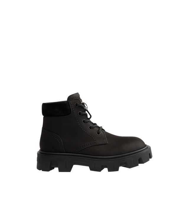 Image 1 of 4 - BLACK - Moncler Mens Peak City Lace-Up Boots feature a nubuck and suede upper. Designed with a lace-up closure, leather welt, leather and mesh lining, cushioned back collar, rubberized TPU outsole, 13.5 cm shaft height, and 4 cm sole. Upper: Cow Leather; Lining: Cow Leather and 100% Polyamide/Nylon; Sole: 100% Elastodiene. Made in Italy. 