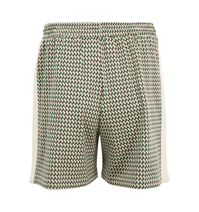 Image 2 of 3 - GREEN - Wales Bonner Power Shorts featuring stretch organic cotton-blend jersey, jacquard graphic pattern throughout, concealed drawstring at elasticized waistband, two-pocket styling, embroidered logo patch at cuff, vented cuffs and stripe appliqu at outseams. 90% organic cotton, 8% polyamide, 2% elastane. Lining: 100% polyester. Made in Portugal. 