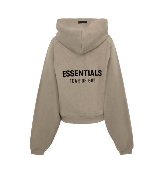 Image 2 of 3 - GREY - Fear of God Essentials Womens cropped, hooded sweatshirt in a pullover style with long sleeves, two slip pockets at front, embossed brand print at front and back, and ribbed trims. 80% cotton, 20% polyester.  