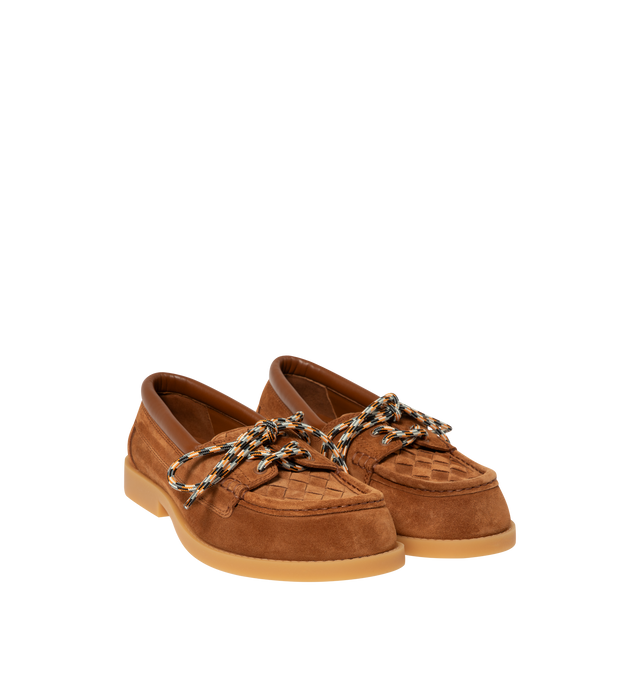 Image 2 of 4 - BROWN - Bottega Veneta Mens Suede Boat Shoes are crafted from rugged suede. Feature an Intrecciato suede vamp, leather lining, and durable rubber outsole. Upper: Suede; Lining: Calfskin; Outsole: Rubber. Made in Italy. 