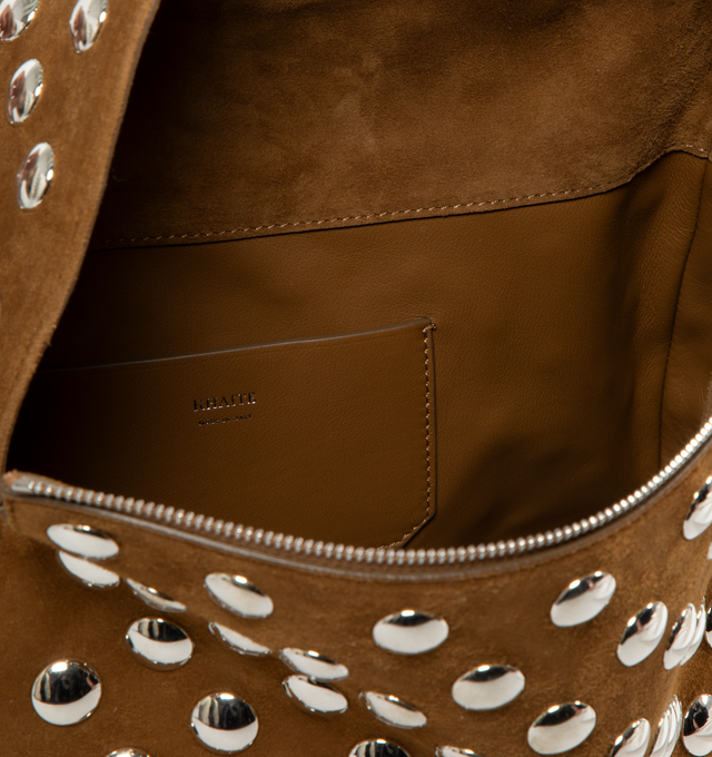 Image 3 of 3 - BROWN - KHAITE Elena Bag featuring a sculptural interpretation of a classic box bag. The zip-top silhouette is studded in gleaming discs. Lined in nappa leather, with slip pocket. 11 in x 3.5 in x 7.5 in. 100% calfskin. 