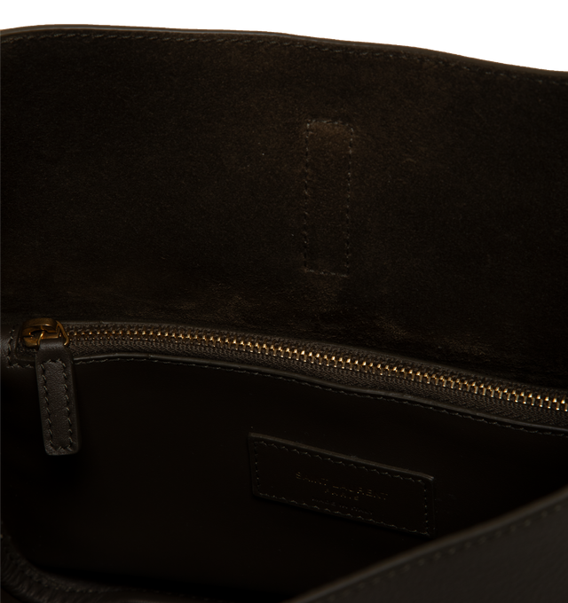 Image 3 of 3 - BROWN - SAINT LAURENT  Le A 7 soft small shoulder bag has a metal Cassandre hook closure, bronze-tone hardware, and interior zip pocket. Suede lining. 100% calfskin leather. Dimensions: 9 X 8.7 X 3.5 inches.  Made in Italy.  