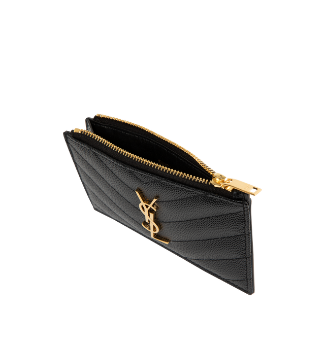 Image 3 of 3 - BLACK - SAINT LAURENT Zip Cardcase featuring cassandre logo, quilted overstitching, tanned leather, gold-toned metal hardware, zip closure, 5 card slots and 1 zip pocket. 5.1 x 3.1 x 0.7 inches. Calfskin. Made in Italy.  