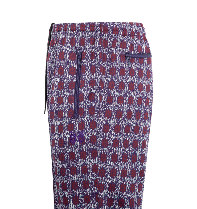 Image 3 of 3 - PURPLE - NEEDLES Poly Jacquard Track Pants featuring breathable polyester, iconic butterfly embroidery, a relaxed silhouette, straight leg, zipped pockets and elasticated waist with drawstring. 100% polyester. Made in Japan. 