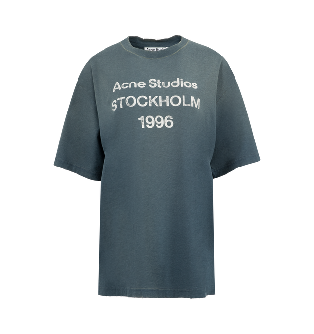 Image 1 of 2 - BLUE - ACNE STUDIOS Logo Tee featuring crew neck, relaxed unisex fit, Acne Studios 1996 stamp logo, distressed neckline, cuffs and bottom hem and a sprayed vintage finish. 85% organic cotton, 15% true hemp. 