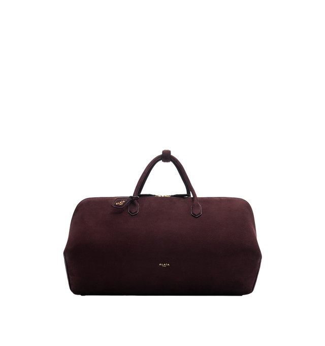Image 1 of 1 - BROWN - Alaa Women's Delta Medium Bag is crafted from soft nubuck calfskin leather and features a sculptural top-handle silhouette with elongated proportions, clean square lines, a double zip closure, and a front gusset for organized storage. Finished with a decorative branded tie and designed for hand carry, this designer leather handbag showcases Alaa's signature architectural aesthetic with exceptional Italian craftsmanship. Main Material: 100% Calf Leather. Dimensions: 40 x 16 x 15 cm. Fi 