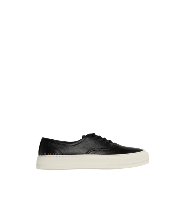 BLACK - Common Projects Four Hole Lace-Up Sneakers in a low-top design with flat sole, front lace-up fastening, round toe detailed with signature gold number stamp at the heel. Made in Italy.