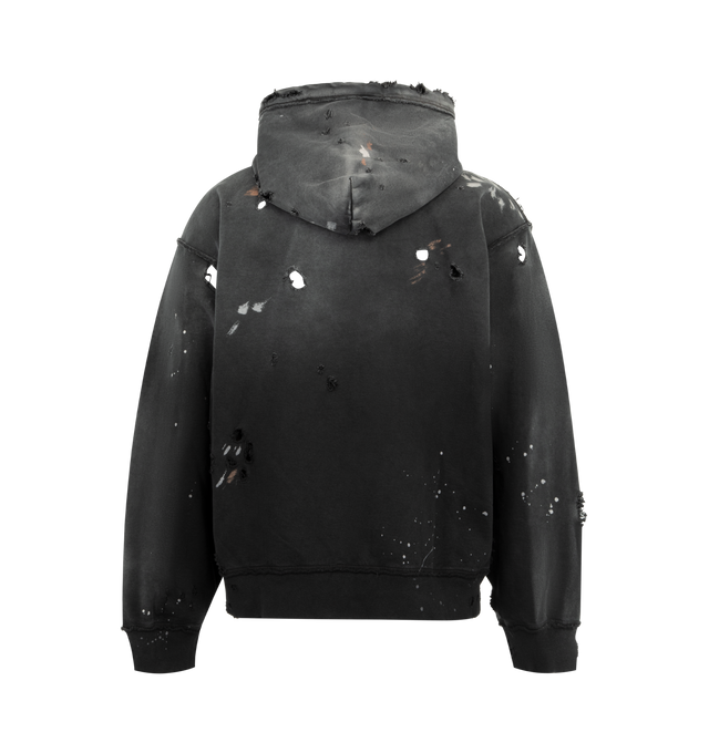 Image 2 of 2 - BLACK - SATOSHI NAKAMOTO Luke Fleece Hoodie featuring zip front closure, fixed hood, long sleeves, distressed throughout, ribbed cuffs and hem, front pouch pockets and logo on front. 100% cotton.  