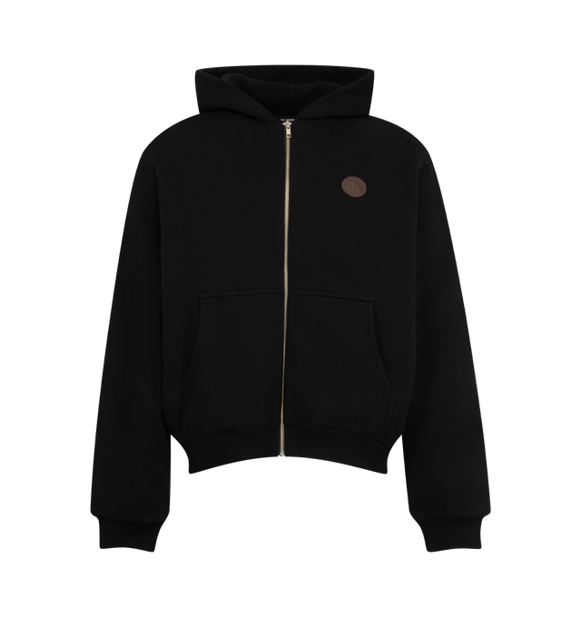 Image 1 of 2 - BLACK - The Willy Chavarria Men's W Crest Polar Zip Hoodie is cut in a standard silhouette for an easy, everyday fit. Crafted from 100% cotton with a soft fleece lining, its substantial construction offers the warmth and structure of a jacket while maintaining the comfort of a hoodie. It features a full zip closure, hood, and kangaroo pockets, finished with a leather snake crest at the chest. Main: 100% Cotton. 