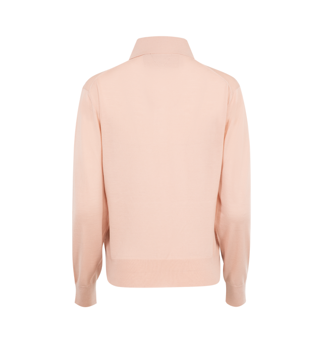 Image 2 of 2 - PINK - BOTTEGA VENETA Light Fine Cashmere Polo featuring lightweight fine cashmere, long sleeves, polo collar, "BV" embroidery on the front and cropped fit. 100% cashmere. Made in Italy. 