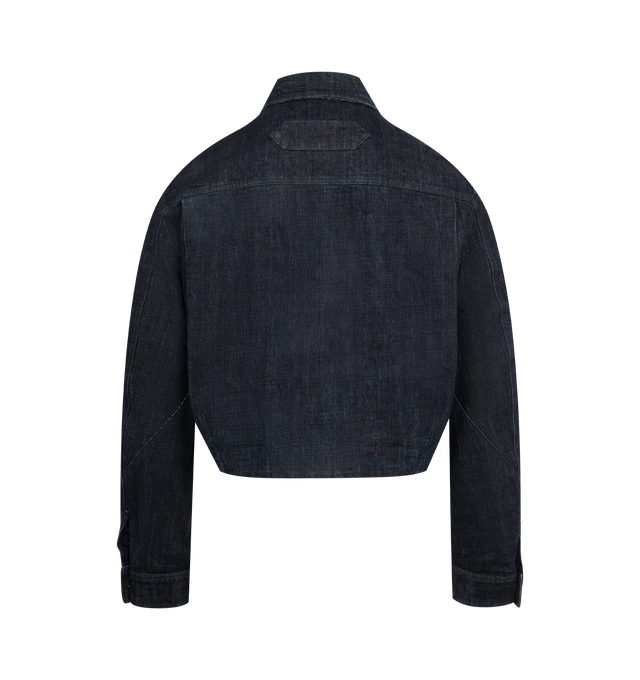 Image 2 of 3 - NAVY - JACQUEMUS Canevas de-Nmes Denim Jacket featuring straight fit, cotton denim, long sleeves, workwear collar, zip closure with denim puller, contrast bartacks, side welt pockets, buttoned cuffs with corozo button and embroidered Calisson patch with logo on the back. 100% cotton. Lining: 65% polyester, 35% cotton. Made in Italy. 