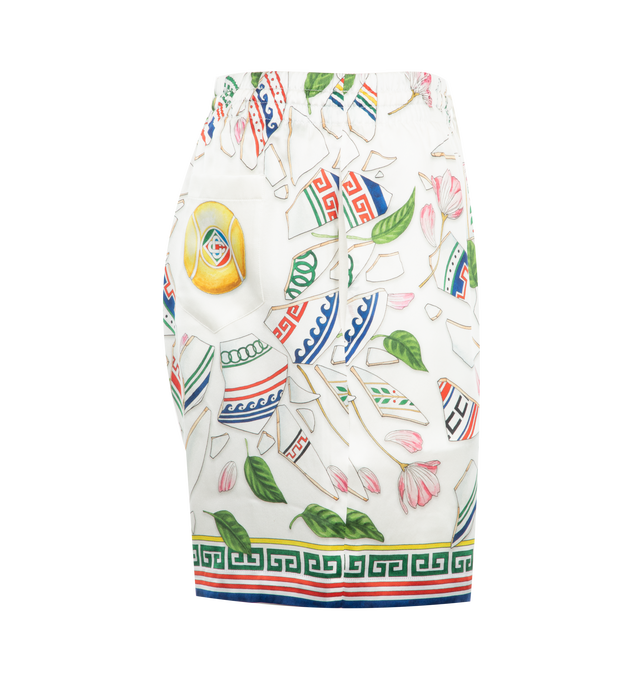 Image 3 of 3 - WHITE - Casablanca Silk Drawstring Shorts have an elastic drawstring waist, side pockets, a rear patch pocket, and an all-over graphic print. 100% silk.  