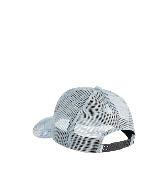 Image 2 of 3 - BLUE - AMIRI Trucker Hat in distressed bandana denim featuring a raised embroidered MA logo on the front, top button, embroidered eyelets, curved stitched brim, mesh back panel, adjustable back strap and leather logo patch. Cotton/polyester. Made in USA. 