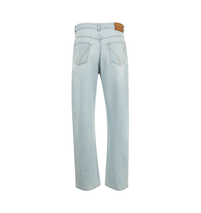 Image 2 of 3 - BLUE - Bottega Veneta men's jeans in extra bleached washed denim. Featuring wide leg, regular waist, button fly and Intrecciato suede back patch. 100% cotton. Made in Italy. 