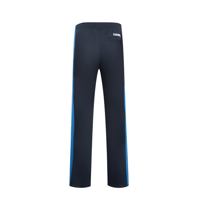 Image 2 of 3 - NAVY - PLEASURES Forever Track Pants featuring drawstring waistband, 3-pocket styling, rubberized front logo, straight leg and midweight pique fabric. 94% polyester, 6% spandex. 