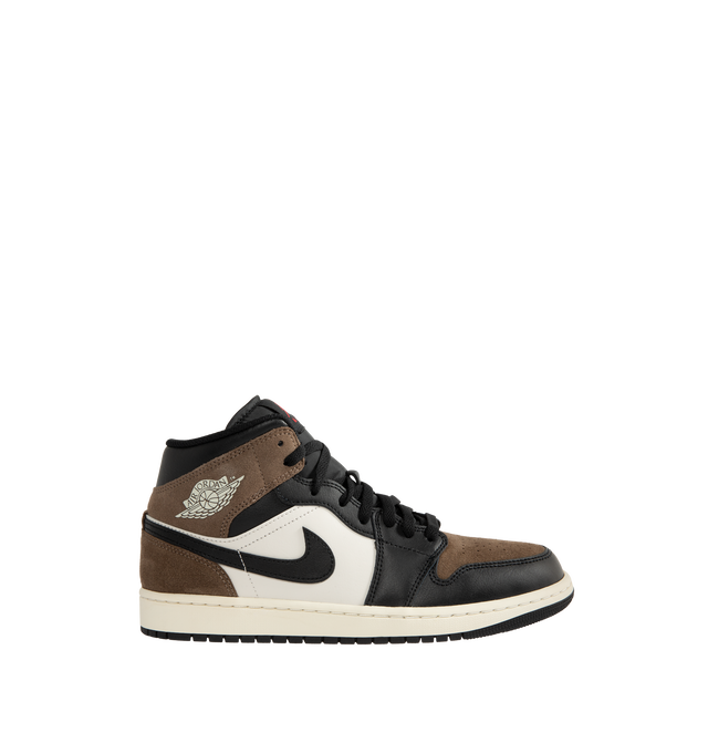 Image 1 of 5 - MULTI - Men's Air Jordan 1 Mid Sneakers feature a smooth leather upper with the iconic mid-top silhouette, breathable perforated toe box, and a padded collar for a timeless heritage look. These lifestyle sneakers combine a foam midsole with encapsulated Air-Sole cushioning and a durable rubber outsole with concentric traction for lightweight comfort, lasting support, and reliable everyday grip. Main Material: Leather. Midsole: Foam with Encapsulated Air-Sole Unit. Sole: Rubber.  