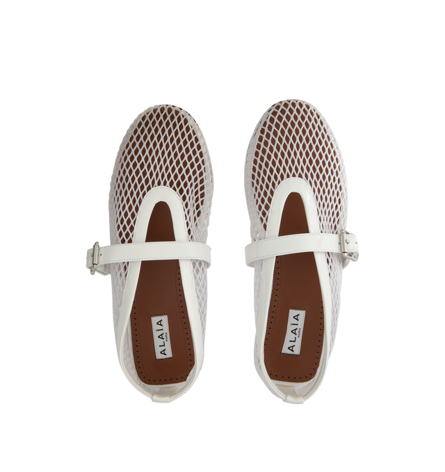 Image 4 of 4 - WHITE - ALAIA ballet flats in fishnet inspired by classical Japanese shoes.  90% Polyamide / 10% calfskin upper, 100% lambskin lining, 90% calf leather /10% rubber sole. Made in Italy.  