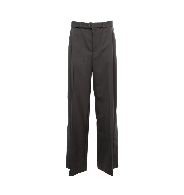 GREY - SACAI Suiting Trousers featuring belt loops, detachable cinch belt at waistband, four-pocket styling, zip-fly, central crease at front and back, grosgrain trim at outseams, partial cupro satin lining and logo-engraved silver-tone hardware. 70% polyester, 30% wool. Trim: 100% polyester. Lining: 100% cupro. Made in Japan.