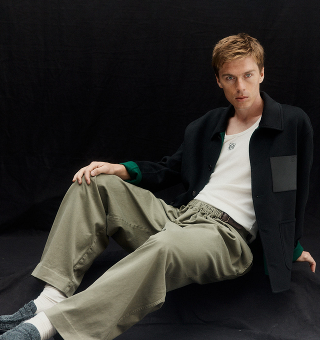 Image 2 of 5 - BLACK - Loewe Men's Workwear jacket crafted in double face wool cashmere. Regular fit, regular length featuring classical collar, LOEWE engraved horn buttons, button front fastening, two patch pockets, LOEWE engraved D-ring and LOEWE Anagram embossed leather patch pocket placed on the chest. Wool/Cashmere. Made in Italy. 