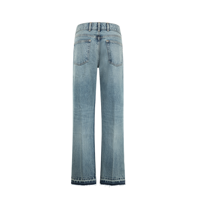 Image 2 of 3 - BLUE - Ruadh Women's Olympia Straight Leg Jean is crafted from heavyweight rigid Japanese denim and features a mid-rise silhouette with a relaxed straight-leg fit. Sitting low on the hip, this style is designed to emulate the character of a well-worn vintage jean, classic five-pockets, signature triple belt loops at the back waist semi-precious gold-tone hardware,  and is finished with a released hem.  Main Material: Cotton Denim. Made in USA. 
