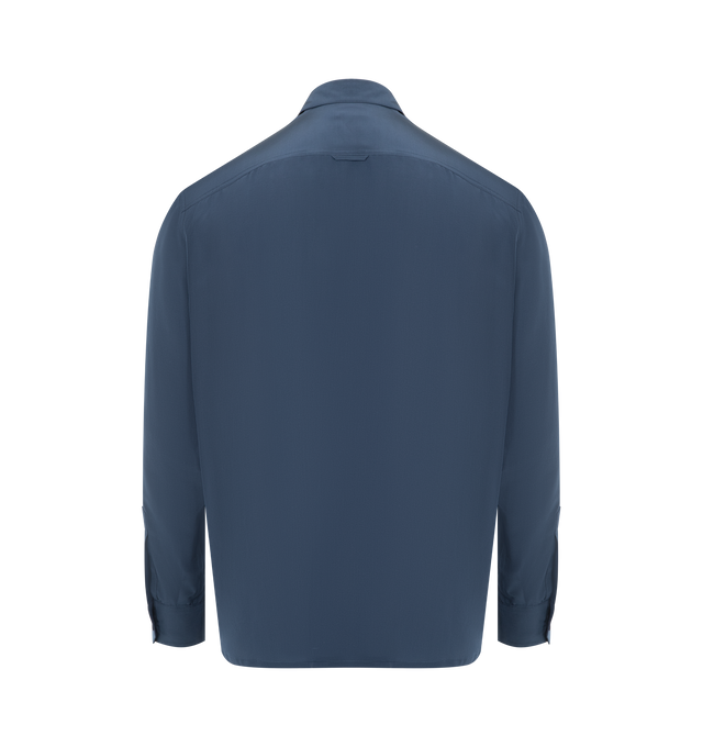 Image 2 of 2 - BLUE - SAINT LAURENT Silk Blend Shirt featuring front button closure, stitched trim, two inverted-pleat patch pockets with button flap at the chest, pointed collar with collar stays, padded shoulders, one-button cuffs and straight hem. 63% viscose, 37% silk. Made in Italy. 