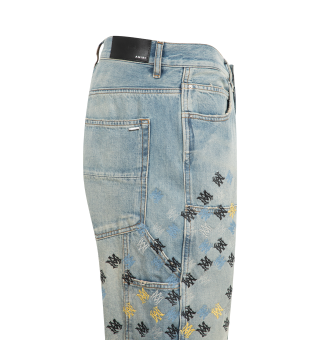 Image 3 of 3 - BLUE - MA Quad Embroidered Carpenter Jeans featuring nonstretch-cotton denim, reinforced knees, colorful MA-quadlogo embroidery, zip fly with button closure, five-pocket style, utility pocket, hammer loop. 100% cotton. Made in Italy. 