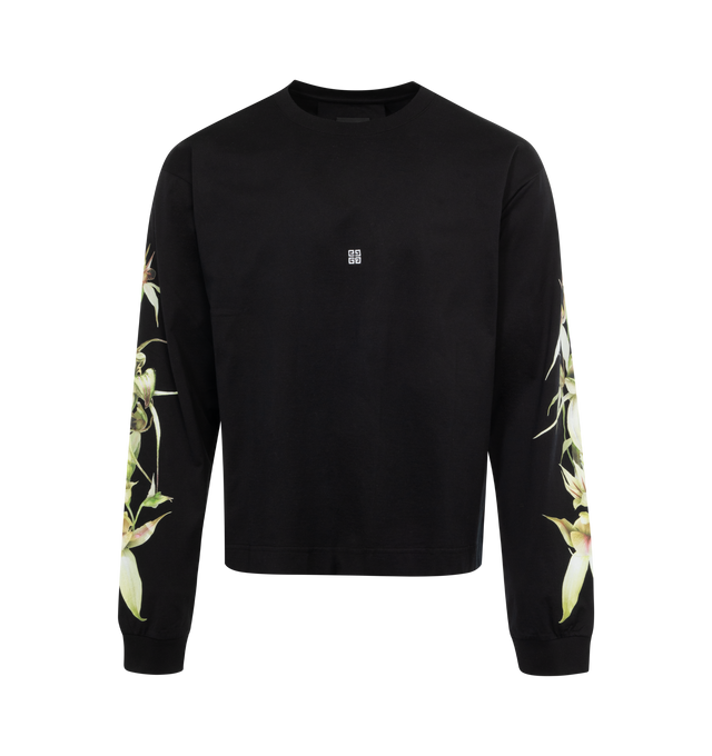 Image 1 of 3 - BLACK - GIVENCHY Boxy Fit T-Shirt featuring long-sleeves, crew neck, small 4G emblem embroidered on the front, GIVENCHY signature and graphic on the back, print on the sleeves and boxy fit. 100% cotton. 