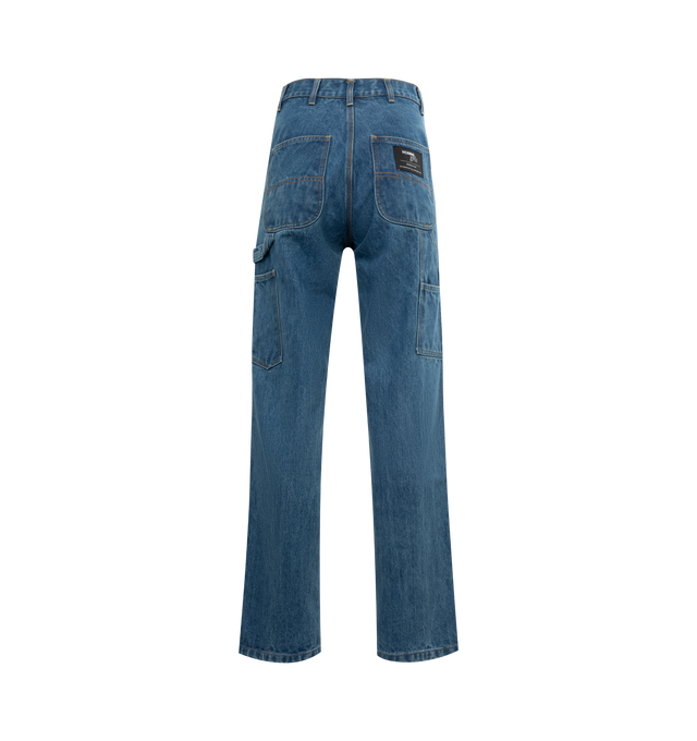 Image 2 of 3 - BLUE - HOMME GIRLS Denim Work-Wear Pant featuring classic washed blue denim, work-wear details like hammer loops, double-row stitching, and patch back pockets with our signature logo label. 100% cotton. Made in Italy.  