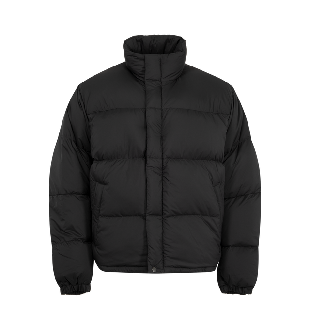 Image 1 of 3 - BLACK - Canada Goose Men's Sterling Puffer Coat is crafted from lightweight plain-weave poly fabric with a smooth matte finish and features a regular-fit silhouette with wide quilted baffles. Designed for cold-weather protection, this down-filled coat is finished with a fixed hood with hidden cord lock, a concealed snap placket over a two-way zip closure, an exposed bottom snap, elasticized cuffs, and an adjustable drawcord hem. Functional storage includes two exterior zippered welt pockets,  