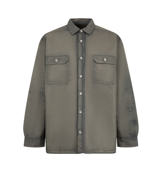 Image 1 of 2 - GREY - Rick Owens DRKSHDW Men's Jumbo Outershirt is crafted from washed bomber satin and features an oversized fit, a button-front placket with visible metal buttons, a classic collar, and square chest pockets with buttoned beveled flaps. Designed below the hip, it is finished with buttoned cuffs, signature level shoulder seams, a cotton webbing strap with rivet detail across the back yoke, internal snap pockets, and a beveled hem. Main Material: 100% Nylon. Body Lining: 100% Cotton. Sleeve L 