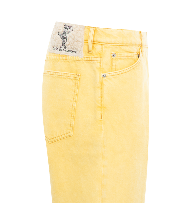Image 3 of 3 - YELLOW - COUT DE LA LIBERTE Zander Twill Baggy Short featuring button front closure, 5 pocket styling, knee length and wide leg. 100% cotton. Made in USA. 