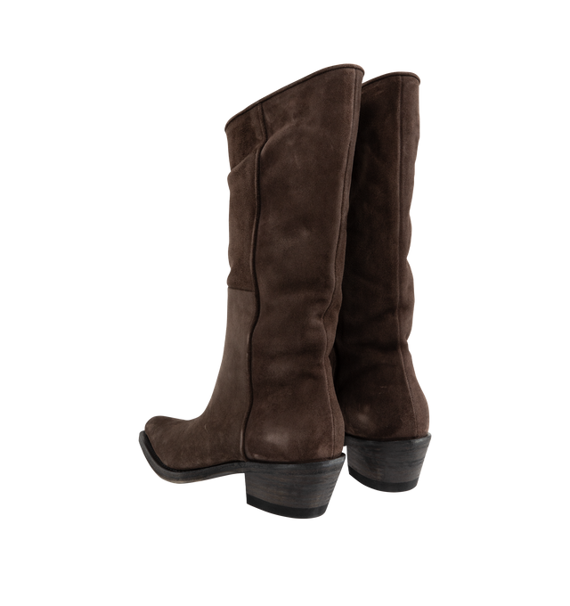 Image 3 of 4 - BROWN - Khaite Clive boot inspired by well-worn Western classics. Featuring stitched welt, 1" stacked leather heel, snip-toe silhouette with deliberately tilted shaft in hand-worked, vegetable-tanned calfskin brushed to a rich patina. Vintage vacchetta (100% calf leather). Made in Italy. 