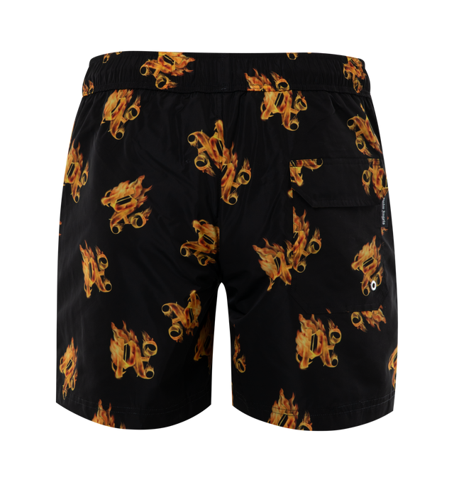 BLACK - PALM ANGELS Burning PA Swimming Shorts featuring all-over graphic print, elasticated drawstring waistband, two side slit pockets and rear flap pocket. 100% polyester.