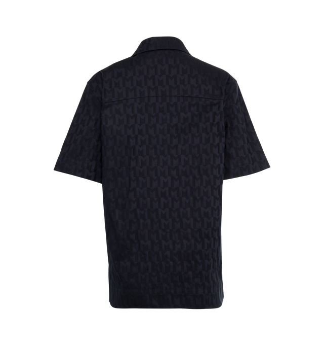 Image 2 of 3 - NAVY - MONCLER Monogram Jacquard Cotton Shirt featuring jacquard cotton, short sleeves, anap button closure and chest pocket. 99% cotton, 1% elastane/spandex. Made in Romania. 