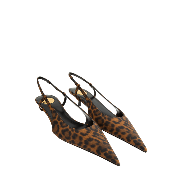 Image 2 of 4 - BROWN - Saint Laurent Women's Secret Slingback Pumps are crafted from leopard-print grosgrain and feature a pointed-toe silhouette, an elasticized slingback strap, and a refined kitten heel. Designed for effortless day-to-evening wear, this elegant style is finished with a leather sole and a round Saint Laurent-engraved metal plaque at the insole. Main Material: Viscose, Lambskin. Sole: Leather. Heel Height: 3 cm / 1.2 in. Made in Italy. 