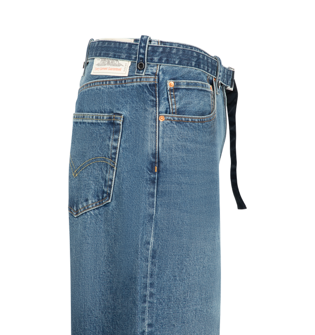 Image 3 of 5 - BLUE - Sacai X Levi's Men's Belted Wide leg pants are crafted from a medium-dark wash cotton denim and feature a high-rise waist, wide-leg silhouette, a buckled belt, signature Levi back-pocket design, and utility-inspired patch pockets. Main Material: 100% Cotton. Made in Japan. 