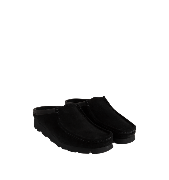 Image 2 of 4 - BLACK - CLARKS Wallabee Slip Shoes featuring suede upper, lightweight Vibram sole, tonal leather collars and Clarks Originals heat-embossed metallic transfer on sock bed. 