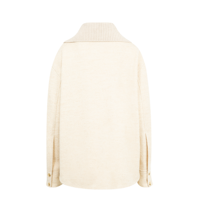 Image 2 of 3 - WHITE - MONCLER Boucl Wool Blend Zip-Up Shirt featuring wool blend boucl, longue saison lining, zipper closure, knit collar, chest pockets, adjustable cuffs and leather logo patch. 62% wool, 28% viscose/rayon, 10% polyamide/nylon. Made in Bulgaria. 