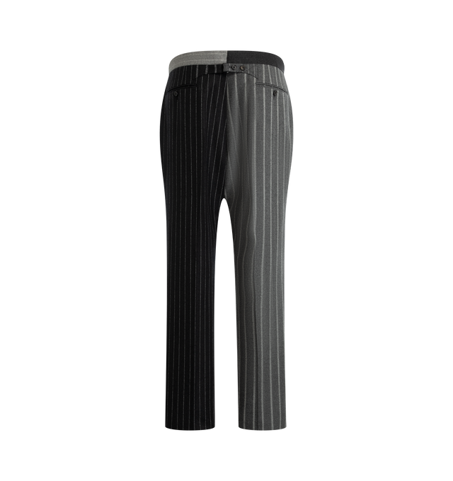 Image 2 of 3 - GREY - Thom Browne Men's Fit 1 Classic Trousers are crafted from wool flannel and feature a colorblocked spliced design with a contrast striped panel, an extended-tab waistband, and the brand's signature adjustable buttoned backstrap. Tailored in the label's Fit 1 silhouette, this style is finished with side on-seam pockets, back button-through welt pockets, rolled cuffs, and a zip fly with hook-and-bar closure. Main Material: 100% Wool. Lining: 100% Cupro. Made in Italy. 