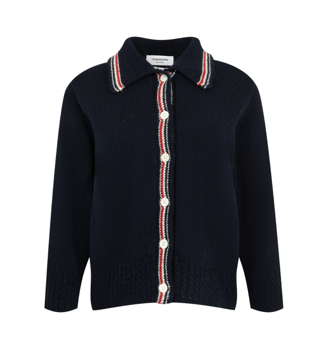 Image 1 of 2 - NAVY - Thom Browne Women's Donegal RWB Stripe Hector Pointelle Cardigan is crafted from Donegal yarn with a softly flecked finish and features a ribbed polo collar and placket accented with signature RWB intarsia. Designed with a cropped 3/4-sleeve silhouette, the cardigan is detailed with a pointelle Hector intarsia at the back in tribute to Thom Brownes iconic dachshund. Ribbed cuffs and hem and the brands signature striped grosgrain loop tab complete the knitwear design. Main Material: 70% 