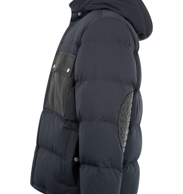 Image 4 of 4 - BLUE - BOTTEGA VENETA Puffer Jacket featuring leather flap front pocket, intrecciato leather elbow patch, stand collar, side pockets with snap closure and removable hood. Made in Italy. 
