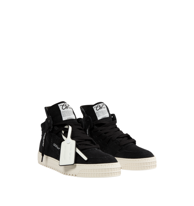 Image 2 of 5 - BLACK - OFF-WHITE 3.0 Off Court Denim Sneakers featuring high-top sneakers, flat heel, perforated round toe, lace-up vamp, logo patches at tongue and vamp, zip-tie hangs from side, textured midsole and vulcanized rubber sole. 