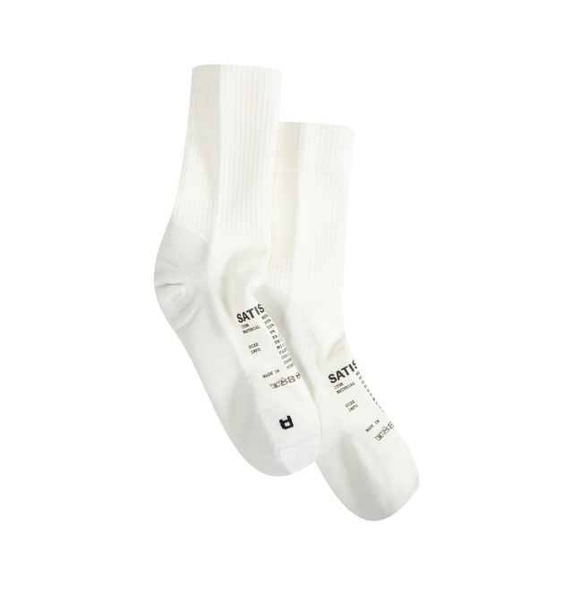 Image 1 of 3 - WHITE - SATISFY Merino Nylon Tube Socks featuring cushioning, support and thermoregulation in all conditions and seasons, constructed from merino wool blended with nylon, mapped construction for cooling, high impact cushioning, and uninhibited movement and reflective SATISFY logo. 65% merino wool, 32% nylon and 3% elastane. 