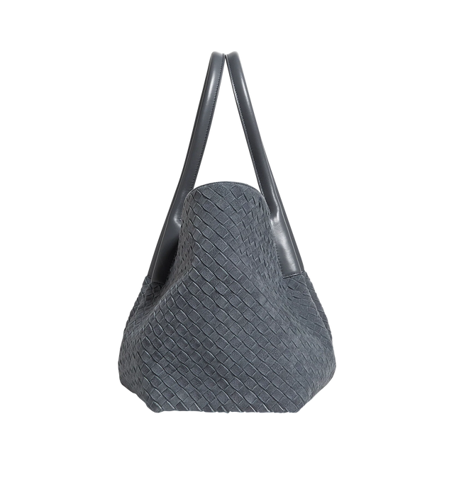 Image 3 of 4 - BLUE - BOTTEGA VENETA Pinacoteca Reversible Intrecciato Leather Tote featuring double top handles with 8" drop, open top with tie closure, removable zip pouch, reversible design, signature intrecciato woven leather detailing and suede lining. Leather.  17"W x 7"D x 9"H. Made in Italy 