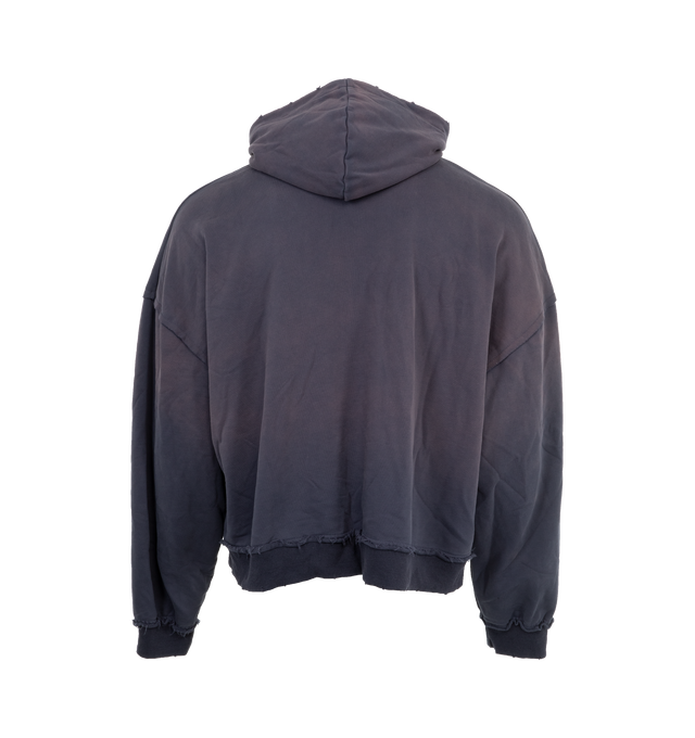 Image 2 of 3 - BLUE - UNTITLED ARTWORKS Signature Hoodie featuring paneled cotton construction, fading, distressing and raw hems, hood, dropped shoulders, long sleeves, rib-knit cuffs and hem, chest logo embroidery, kangaroo pocket, straight hem and oversized fit. 100% cotton. 