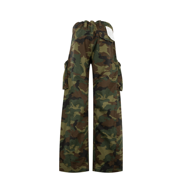 Image 2 of 3 - GREEN - R13 Womens Barrel Cargo Pants are crafted from Japanese camo ripstop and feature a barrel-leg silhouette with an elastic waistband and adjustable buttoned hems. Main Material: 100% Cotton. 