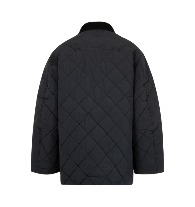 Image 2 of 3 - BLACK - Canada Goose Terra Coat is crafted from durable two-layer woven nylon with windproof and water-repellent properties for protection in cold, changing conditions. Designed with an intentionally oversized fit and mid-thigh length for easy layering and added coverage, this designer coat features contrasting corduroy at the collar and cuffs, a zip-front closure concealed by a snap-button placket, and multiple functional pockets throughout. Main Material: 100% Recycled Polyamide. Fill: 100% 