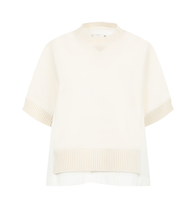 Image 1 of 2 - WHITE - Sacai Womens Cotton Weather x Cashmere Pullover is crafted from a premium cotton and cashmere blend. Features a relaxed fit, crew neckline, long sleeves, ribbed trims, and a mixed-media design inspired by Sacais signature hybrid construction. Main Material: Cotton and Cashmere. Made in Japan 