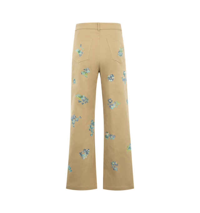 Image 2 of 3 - BROWN - LIBERTINE BLuebell Lane Cropped Pant featuring wide leg, classic fit, zipper closure, 5 pocket style, belt loops at waist, cropped and embroidered flowers throughout. 97% cotton, 3% elastane. 